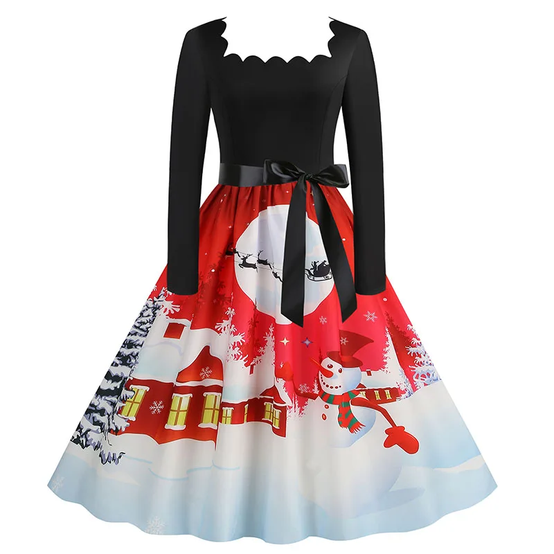 فستان نسائي عتيق لعيد الميلاد بياقة مربعة وأكمام طويلة مطبوع أنيق للحفلات المسائية وعيد الميلاد فستان صيفي متوسط الطول لخريف وشتاء