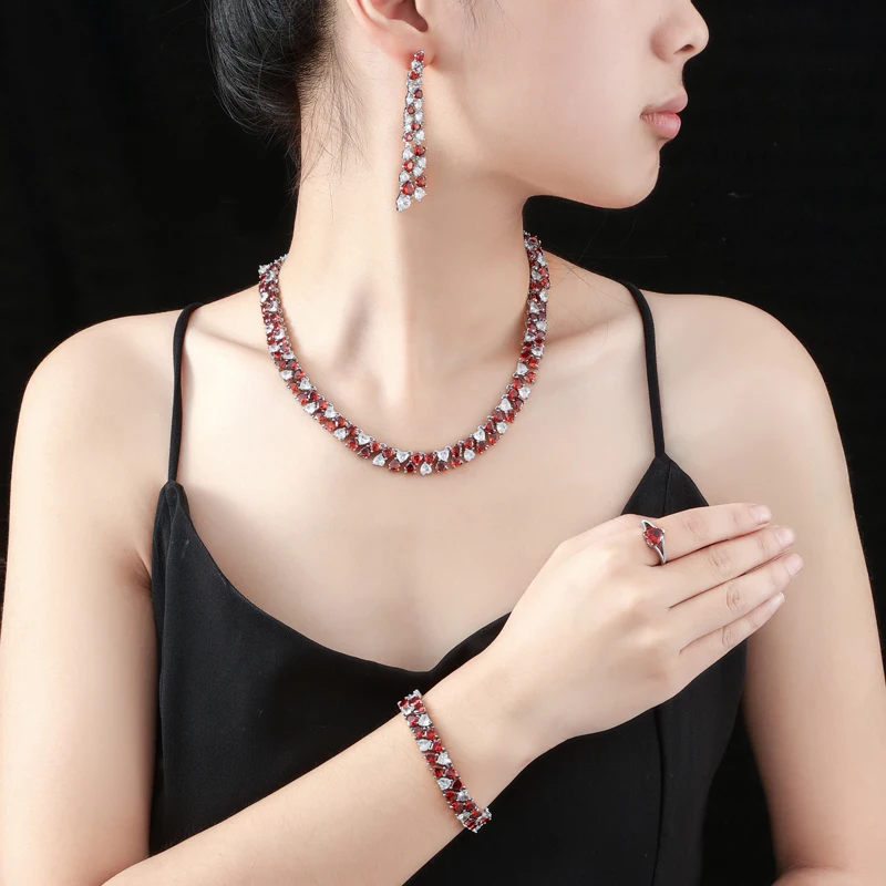 

5 PCS/Set of Red Full Diamond Sparkling Zircon Luxury Jewelry Set for Brides Bridesmaids or Banquet Jewelry Accessories