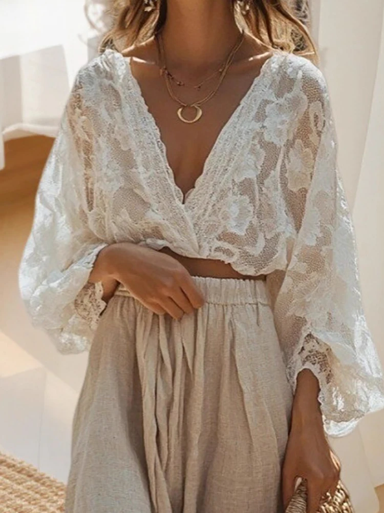 

Sexy V-neck Long Sleeved Top and A-line Skirt Two Piece Set Spring Summer Vacation Lace Suits Fashion Women's Bohemian Outfits