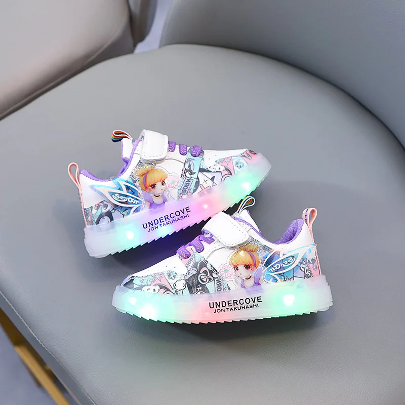 Disney Children\'s LED Light Shoes Sneakers Pu Girls Princess LED Light Children 1-6 Years Old White Pink Casual Sports Shoes