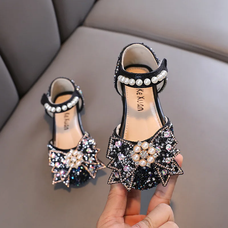 Summer Sweet Girls Sandals Fashion Kids Sequined Bow Rhinestone Princess Sandals Children's Pearl Soft Dance Shoes H952