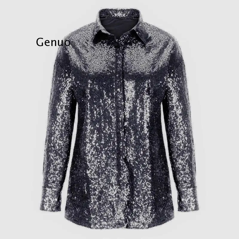 Sequin Shirt Women\'s Silver Loose Long Sleeve Party Top Spring Club Y2K Vintage Tops Sexy Shirts Women Clothes Female