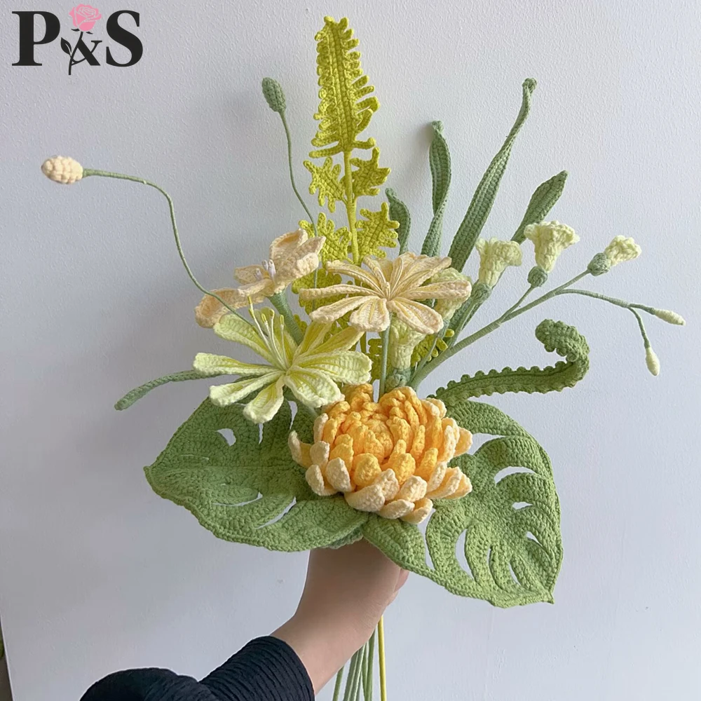 

Green Crochet Flower Bouquet Handmade Cute Yellow Dahlia Knitted Finished Artifical Flowers Home Decoration High Quality