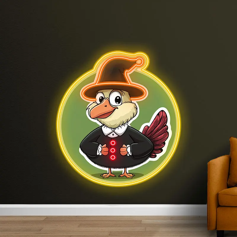 Neon Cartoon Turkey Hat Display Sign, Bright & cheerful turkey in hat, perfect for children's parties & Thanksgiving decorations