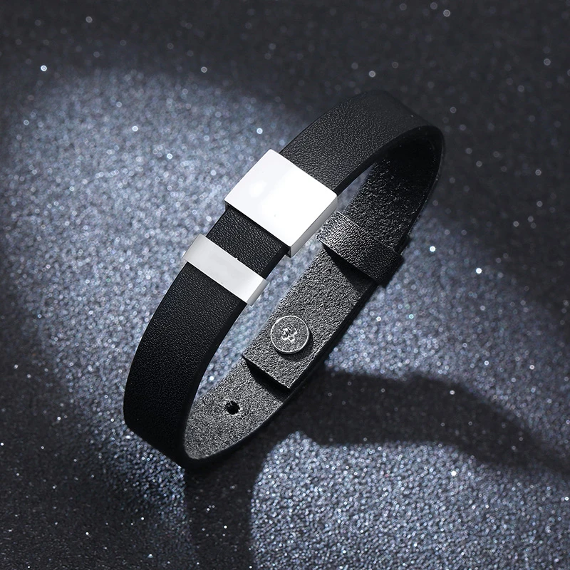 Vnox Personalized Names Bracelets Black Leather Men\'s Bangle Unique Meaningful Family To Dad Husband Gift Gents Jewelry