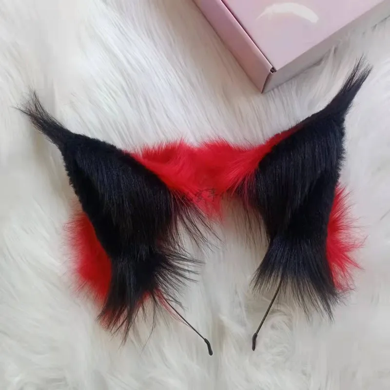 Custom made Beast Ear and Tail Handmade Black Red Ear Wolf Ear Hair Band Headwear Red Fox Ear Halloween Cos Fox Ear Hair Clip