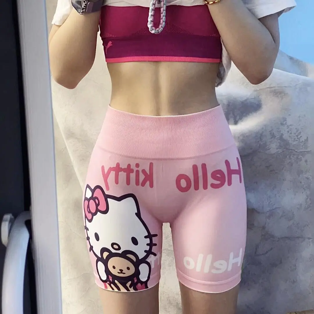 Sanrio HelloKitty pantalones cortos deportivos estampados dibujos animados lindo verano pantalones de Yoga de doble cara corazón femenino pantalones deportivos delgados de tres cuartos