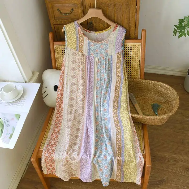 

Летняя ночная рубашка без рукавов из хлопка и вискозы с принтом, жилет, тонкая и гладкая ночная рубашка средней длины для женщин