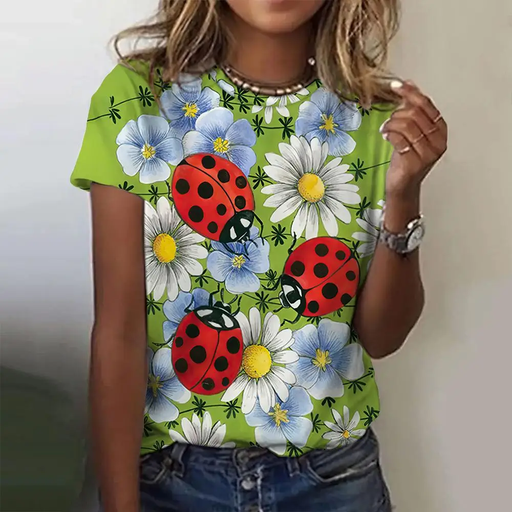 Ladybug Printing Women\'s T-Shirts Top Short Pullover Sleeved Fashion Street Round-Neck Tee Shirt Female Everyday Clothing Summer