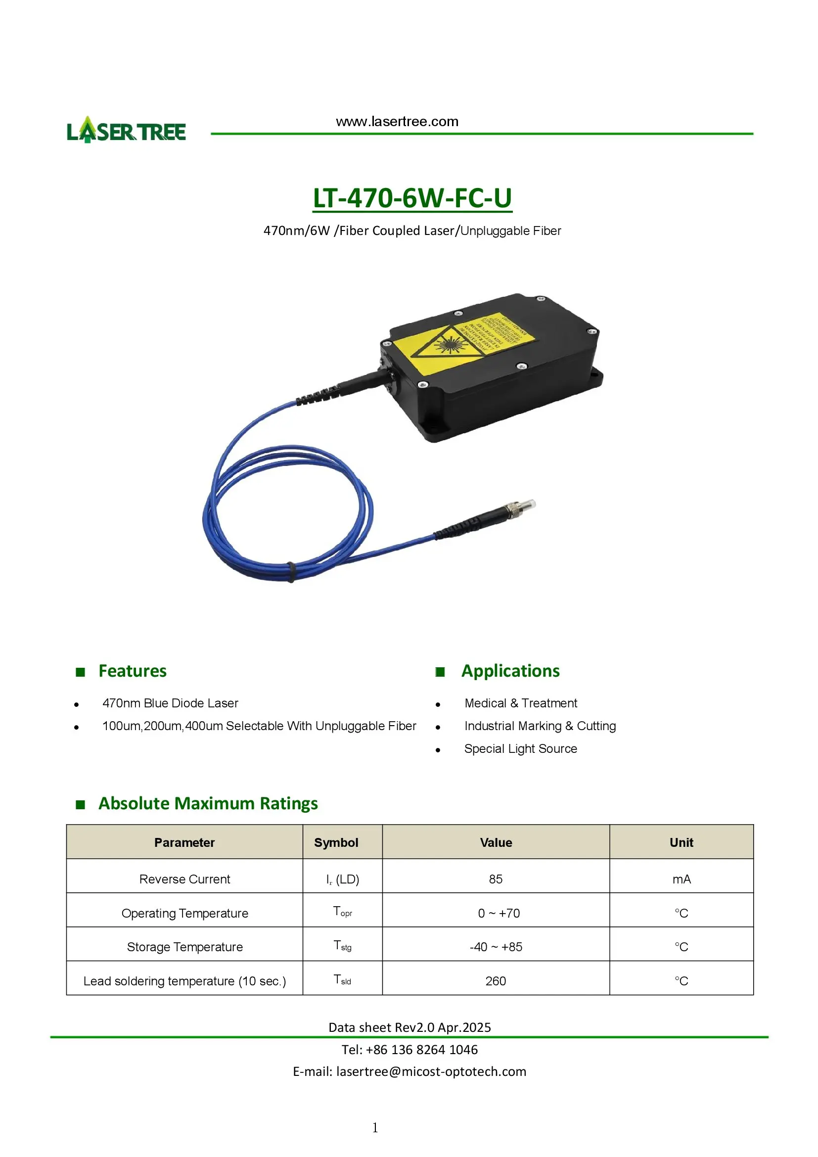 عرض لفترة محدودة 470 نانومتر 6 وات ليزر مقترن من الألياف 50um 60um 100um 200um 400um 800um ليزر ديود أزرق من الألياف