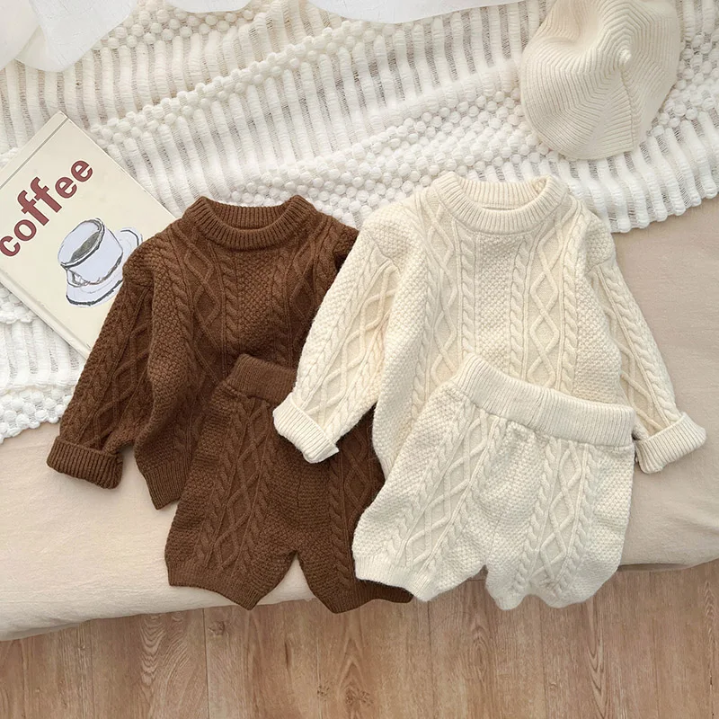 

Infant Casual Warm Outfits For Autumn Winter Kids Foreign Style Vintage Knitting Pullover Sweater+Solid Pants 2PCS Child Clothes