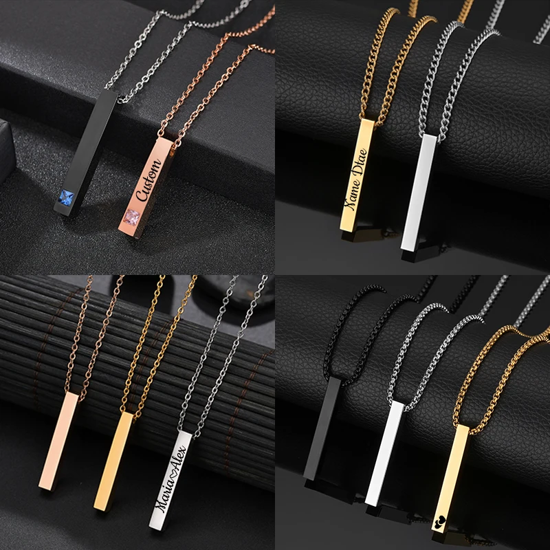 

Personalized 4 Sides Engraving Square Bar Pendant Custom Name Date Stainless Steel Necklace Women Men Jewelry Gifts Wholesale