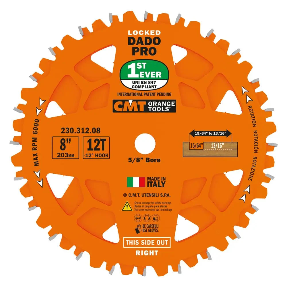 230.312.08 DADO Set Saw Blade HW D=8” B=5/8” Z12 FTG+ATB Orange PTFE