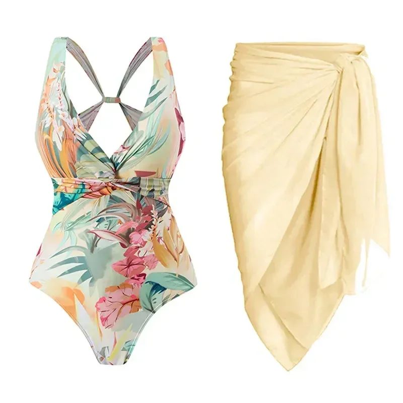 Conjunto de biquíni de uma peça 2024 feminino floral impressão com decote em v maiô sexy cintura alta praia saia maiô verão monokini