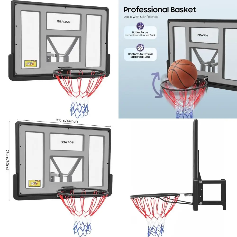 ห่วงบาสเก็ตบอลติดผนังแบบมืออาชีพ พร้อมแป้นหลัง PET ขนาด 44 นิ้ว ป้องกันการแตกหัก และห่วงสำหรับการแข่งขัน