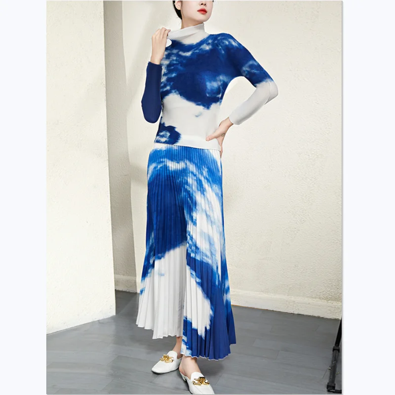 2 Stuks Set Voor Vrouwen Miyake Geplooide Herfst Nieuwe Mode Coltrui Stretch T-Shirt + Elastische Wais Rok Pakken Blauw