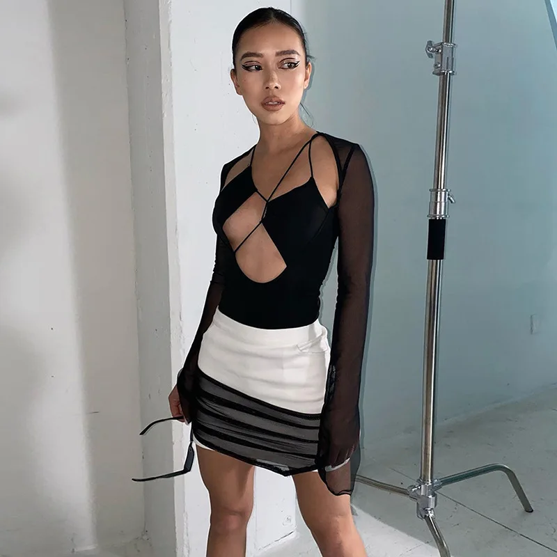 여성용 블랙 메쉬 긴 소매 바디 수트 프론트 할로우 아웃 붕대 바디 수트