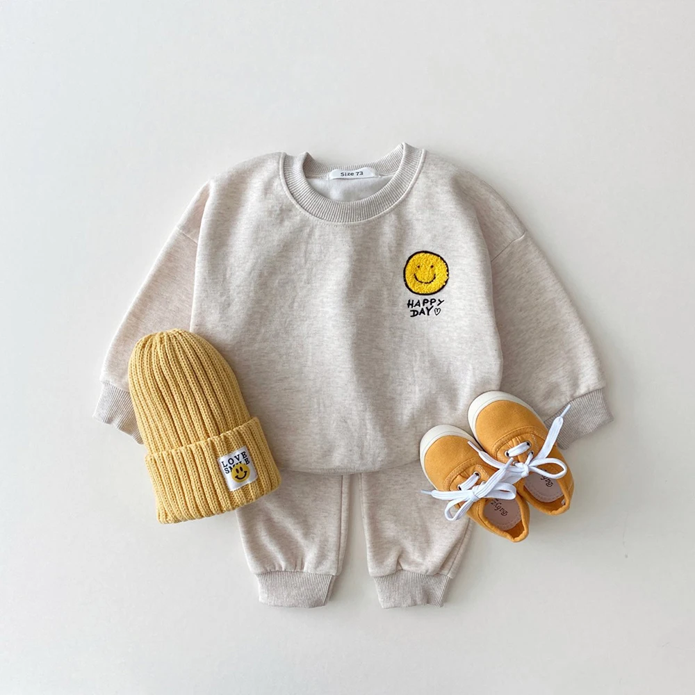 2022 Baby Clothing Set Healthy Cotton Smiley Face Boys Hoodie Suit Toddler Girls Clothes Set 2Pcs Sweater Tops+Jogger Pants Set