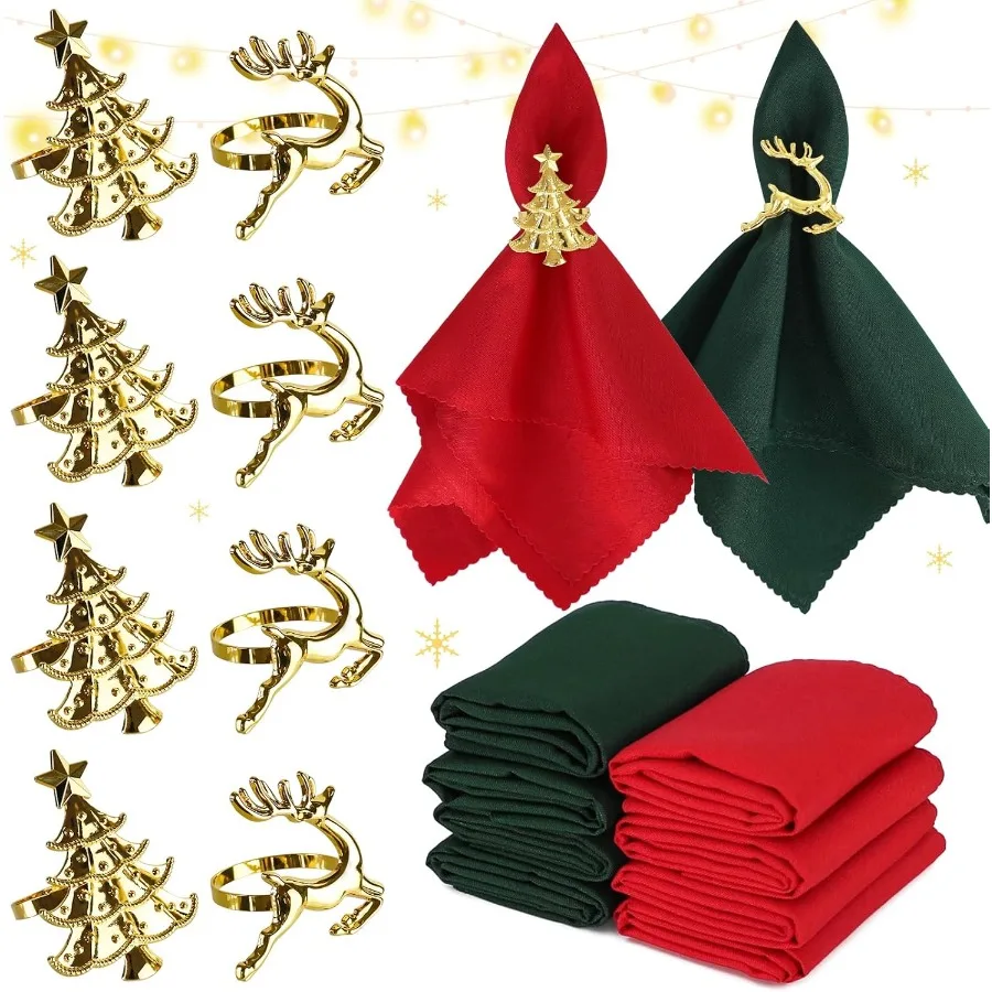 

16 Pcs Christmas Napkin Rings Cloth Set Include 8 Pieces Gold Napkin Rings with 8 Pieces Solid Color Dinner Napkins for Party D