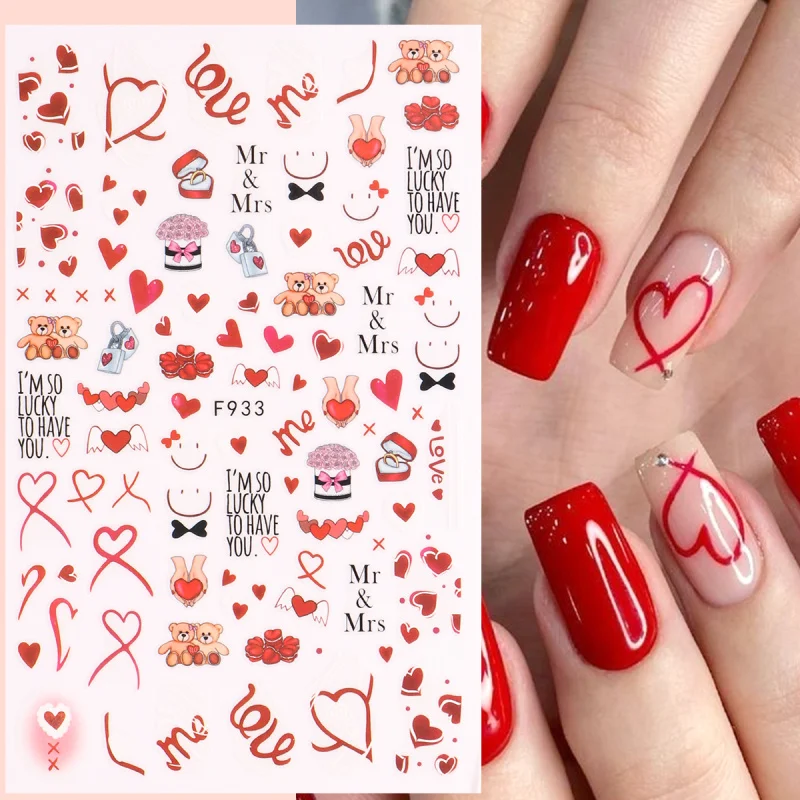 3D 발렌타인 네일 아트 스티커, 쿨 레이디 하트 장미 꽃 슬라이더, 커피 케이크 접착 데칼 장식, DIY 매니큐어, 5 개