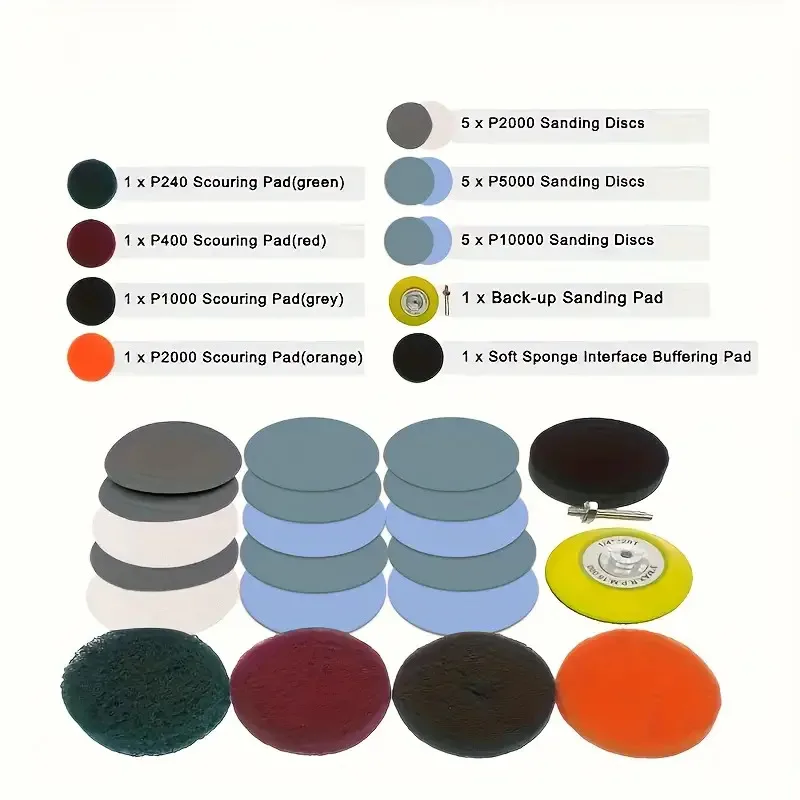 21pcs 3-Inch Sandpaper Set with Cloth, Grinding Disc Adapter for Drill Bit and Sponge Pad - Lighting Polishing & Repair Kit DIY