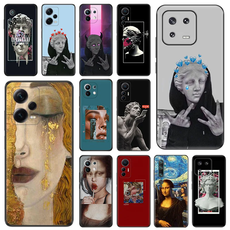 Black Matte Phone Case for Redmi Note12 Note13 Xiaomi 13 12 Pro 12C 12X 12T 13C 12S Lite Mona lisa David Medusa Art Soft Cover