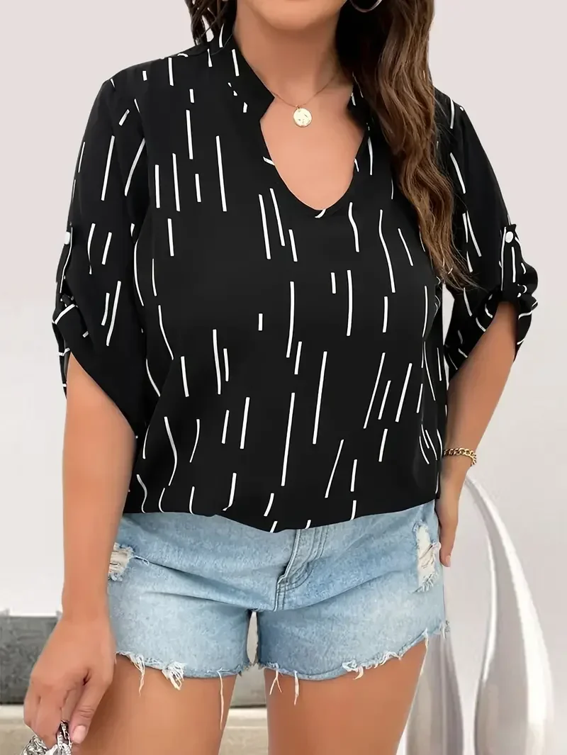 New Women\'s Plus Size 1XL-5XL Fashion Striped V-Neck Blouse Ladies Spring Casual Short Sleeve Top with Flattering Fit Shirt