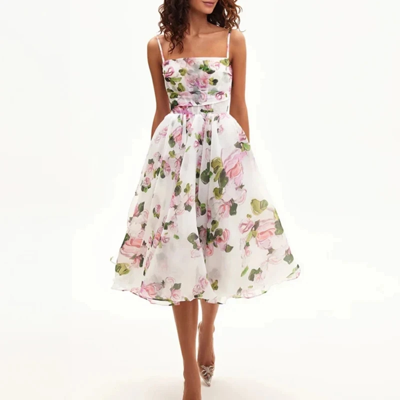 

Summer Slash Neck Floral Print Suspender Dress Elegant Sleeveless High Waist Chiffon Dress New Temperament Pleated Evening Dress