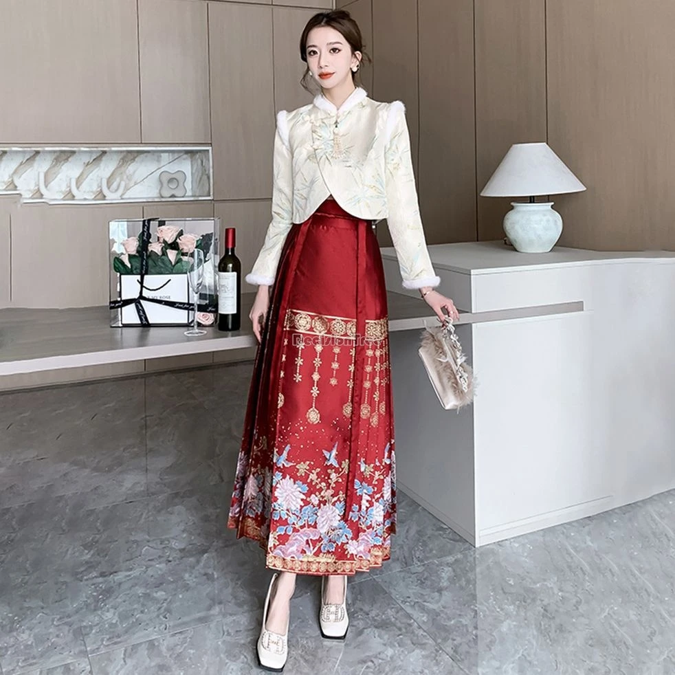 2024 Herfst Winter Chinese Stijl Ming-dynastie Clip Katoen Stand Kraag Lange Mouw Jas Plooirok Tweedelige Hanfu Set B279