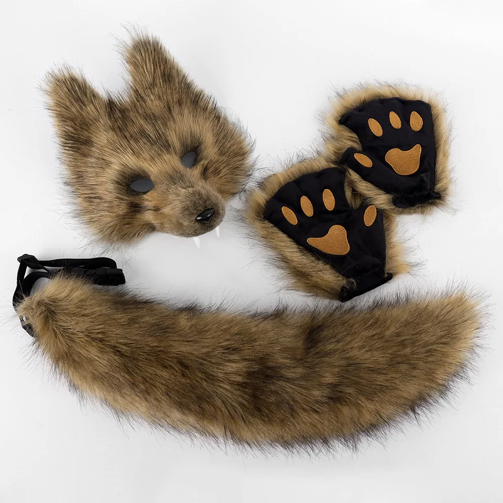 Fox Wolf Mask and Tail Set for Halloween Cat Mask Tail Cosplay Fox Mask Wolf Tail Costumes Accessories for Party