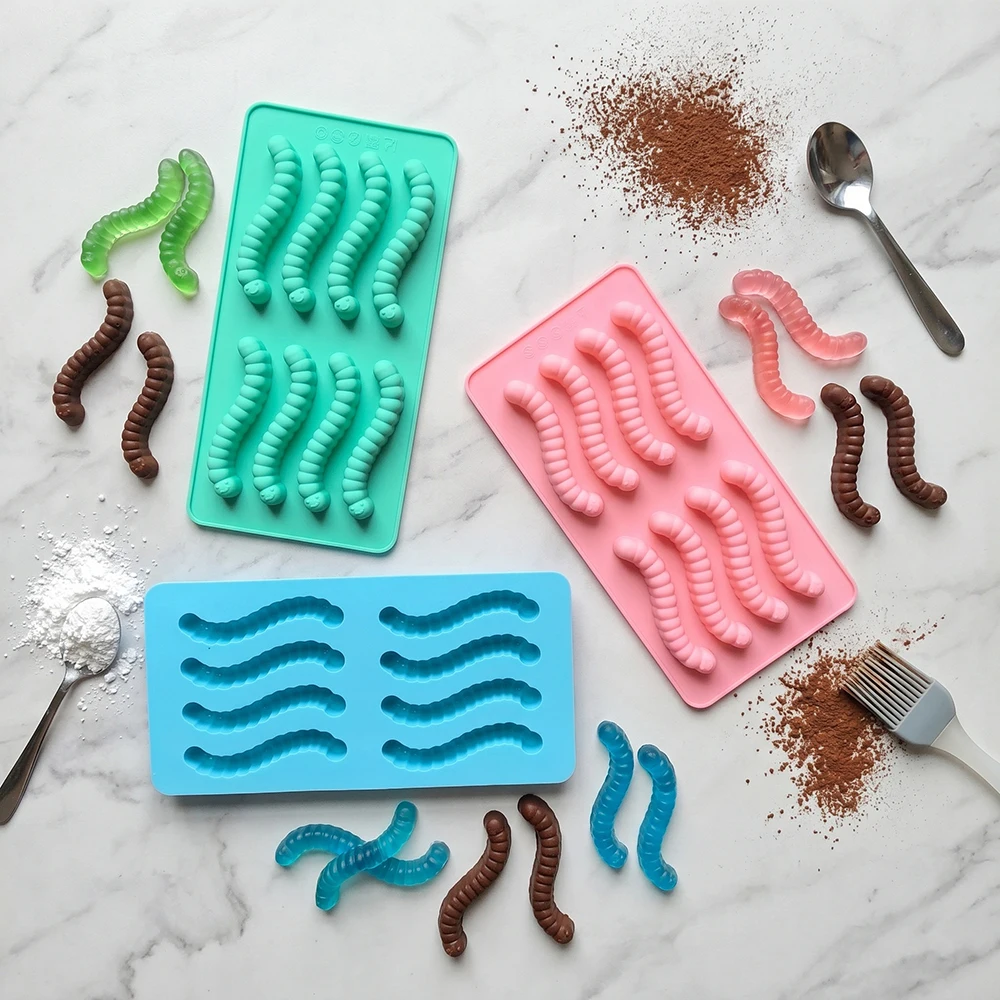 8-piece earthworm rubber candy silicone mold DIY caterpillar-shaped chocolate candy pudding dessert cake decoration baking mold