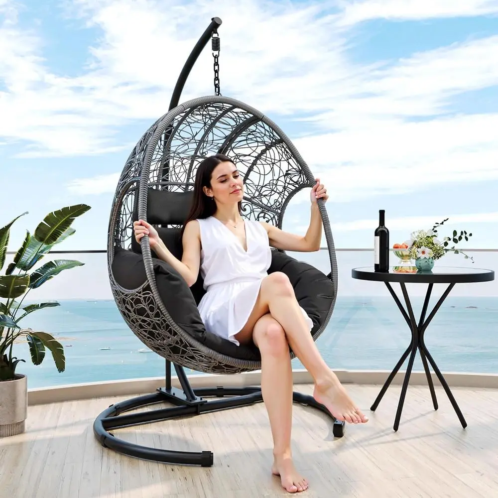 

Outdoor All-Weather Wicker Swing Chair with Stand and Rain Cover, 400 lbs Capacity, Waterproof Cushions