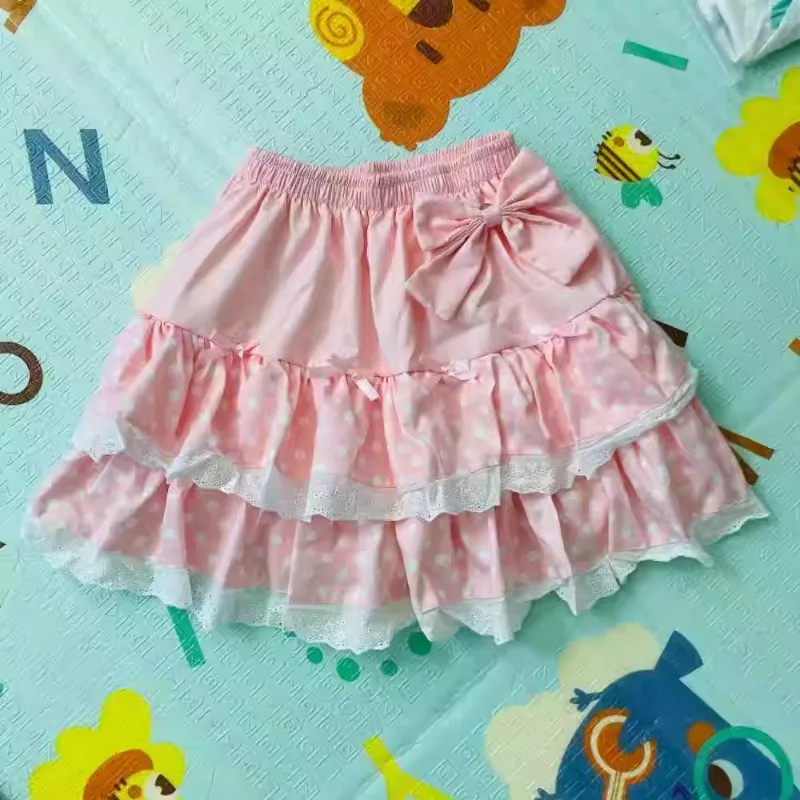 Pink Japanese Style Y2k Sweet Cute Girl Bow Soft Sister A-line Skirt Daughter Polka Dot Lolita Cake Mini Korean Skirt Slim