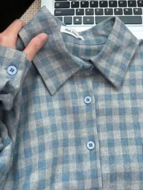 

Retro Sle Women's Loose irt Spring 2025 Blue Plaid Flannel Lazy Sle Long Sve Button up Coat Casual Commute Wear