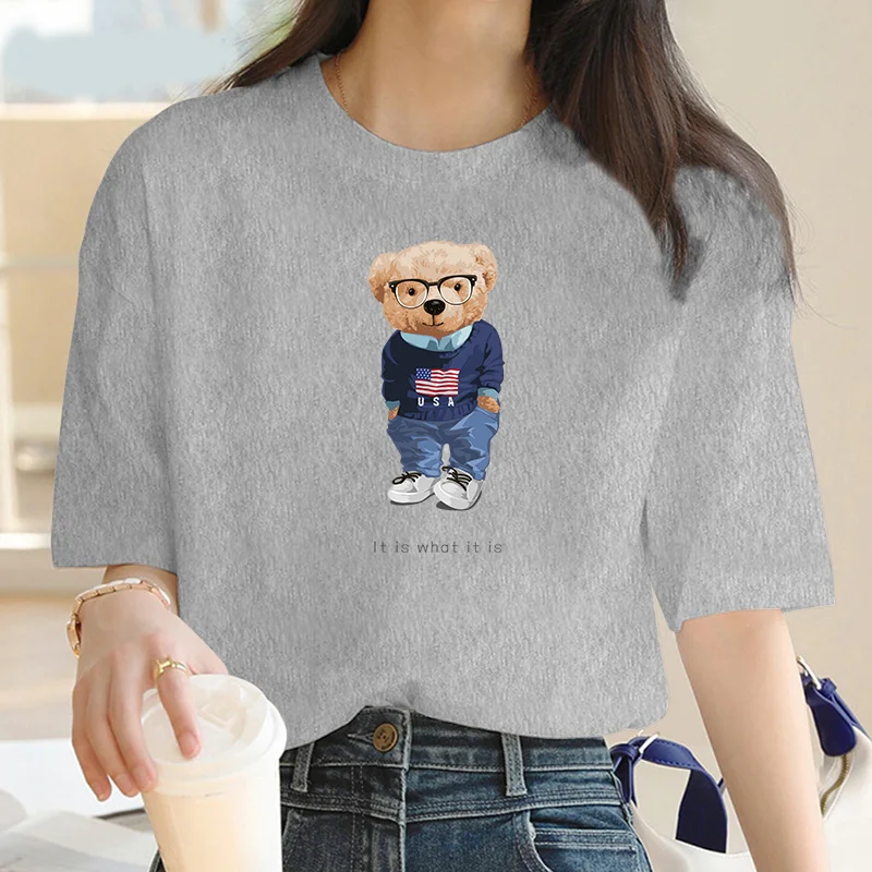 Camiseta informal de manga corta con estampado de oso de dibujos animados para mujer, Camiseta holgada de gran tamaño con cuello redondo, moda Y2K,