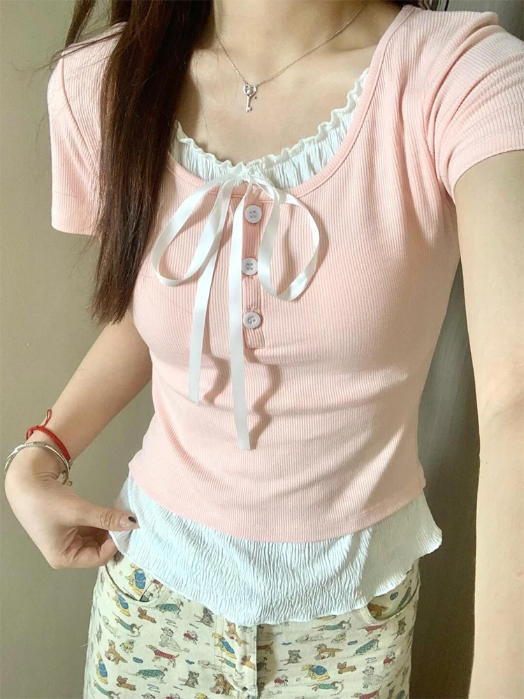 

Ruffled Short Sleeve T-shirt Summer Slimming Women Short Sleeve Tops Fake Two-Piece T-shirt Fashion Korean Clothing
