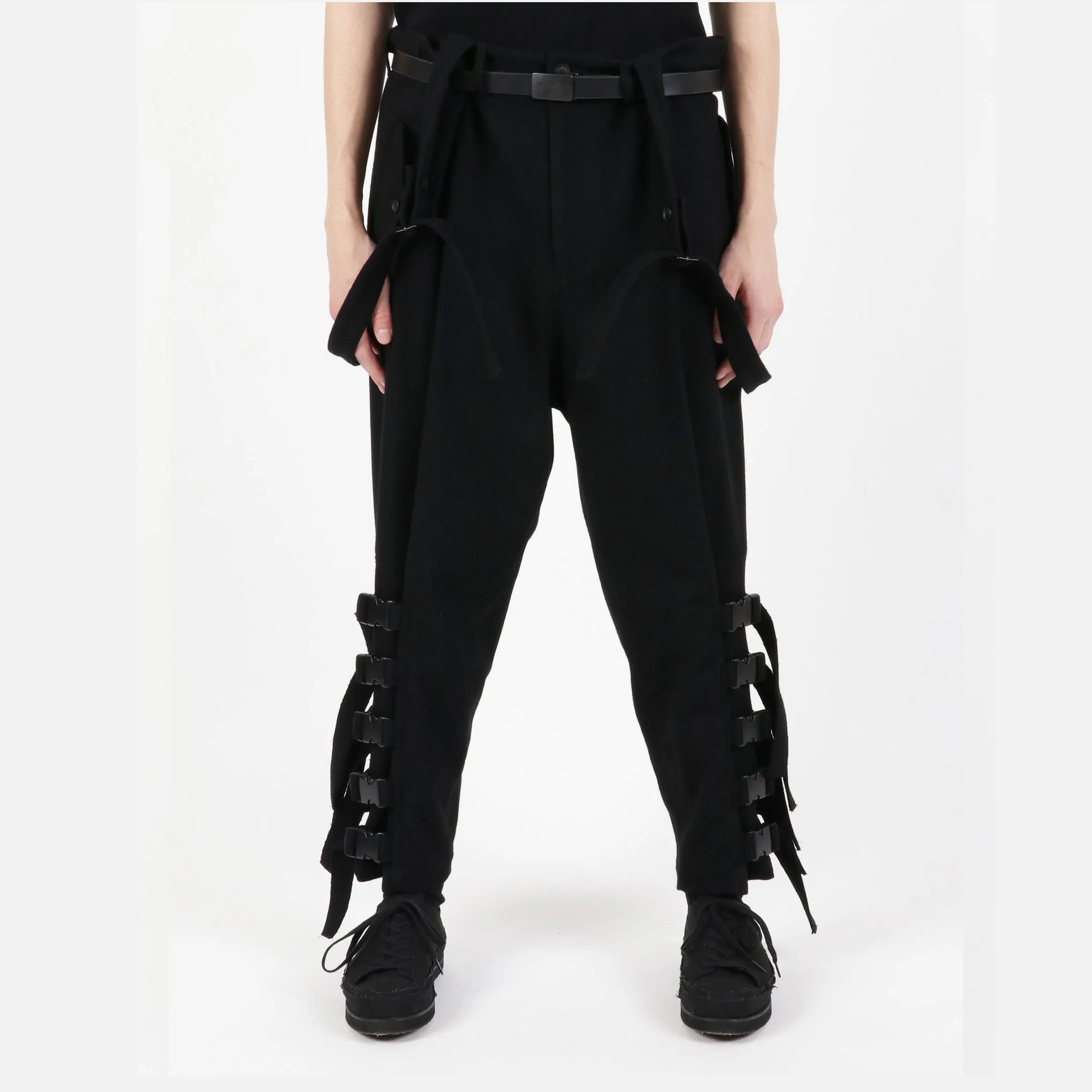 YOJI OOAK Wool Multi Loop Strap Pants Pan Strap Pants Black Work Pants Casual Street Wide Style Artistic Hip Hop