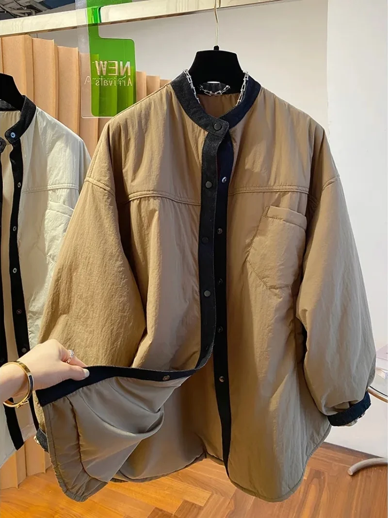 

Contrasting Lightweight Cotton Clothing For Women Fall Winter Mid Long Loose Fit, Oversized Quilted Shirt, Baseball Jacket w1473