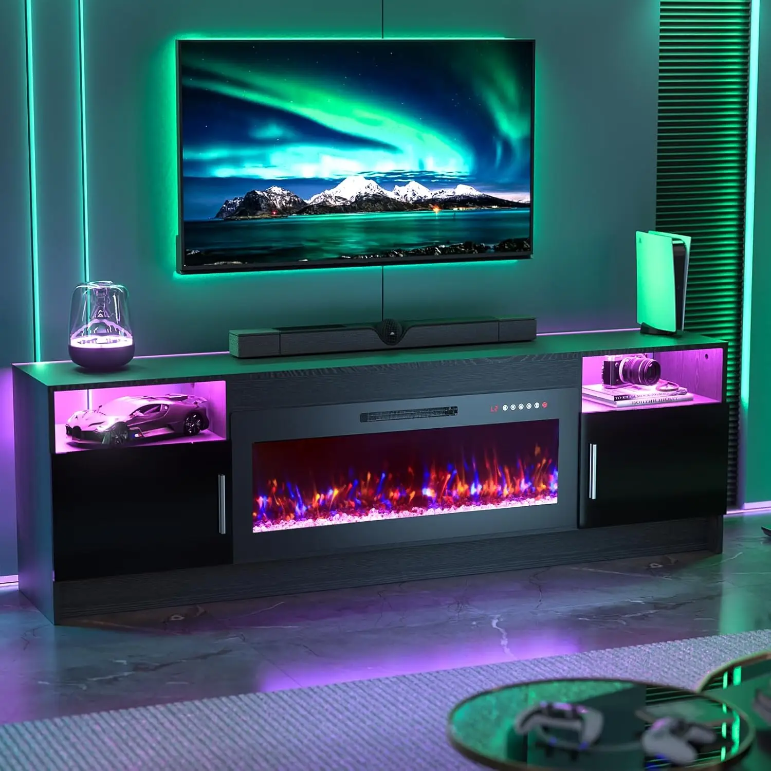 

Black TV Stand with Fireplace-Fireplace TV Stand for 75+ inch TV, LED Entertainment Center for Living Room w/ 36" Fireplace Inse