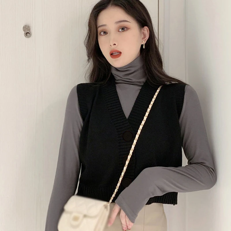 Spring Autumn Knitted Cardigan Vest Womens Korean V-neck Sleeveless Sweater Vest Solid Students Coat Ulzzang Chic Outwear Y2K