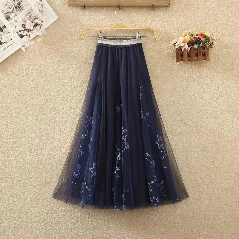 Sweet Embroidered Floral Mesh Skirt, for Women's ,2024 Summer New High Waisted Starry Sky Skirts, Sparkling Sequin Gauze Skirt