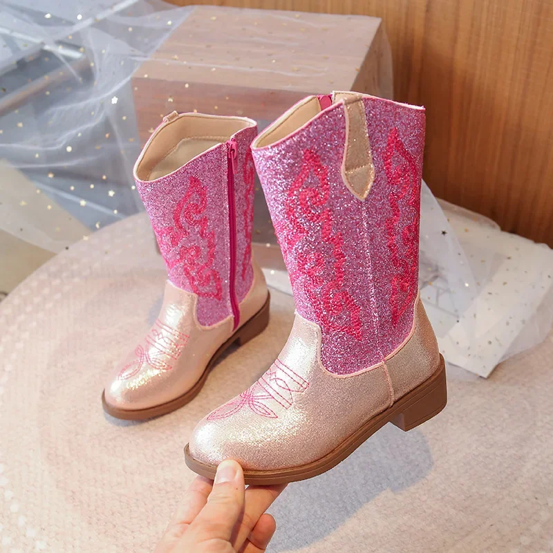 Girls Boots Toddler Snow Gear Mid Calf Glitter Western Cowboy Boot 2026 Autumn Big Kid Riding Girls Botas Size 27-36 Kids Shoes