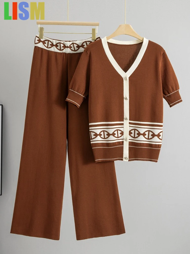 

LISM woman outfit summer womens outfits lazy style retro color blocked V-neck cardigan top+high waisted wide leg pants set
