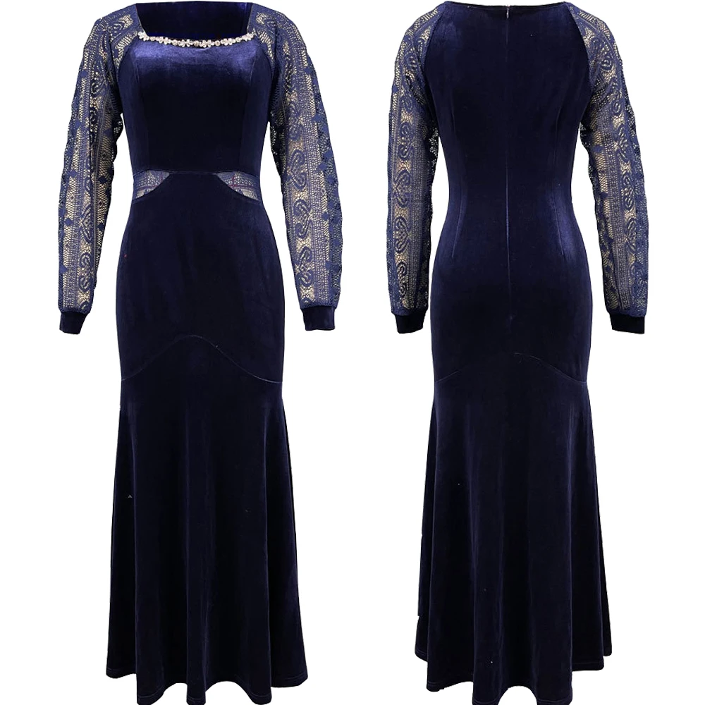 

Fashion Autumn Winter Women's Dress Long Sleeved Lace Hollowed Out Embroidery Vintage Velvet Dresses Square Collar Party Evening