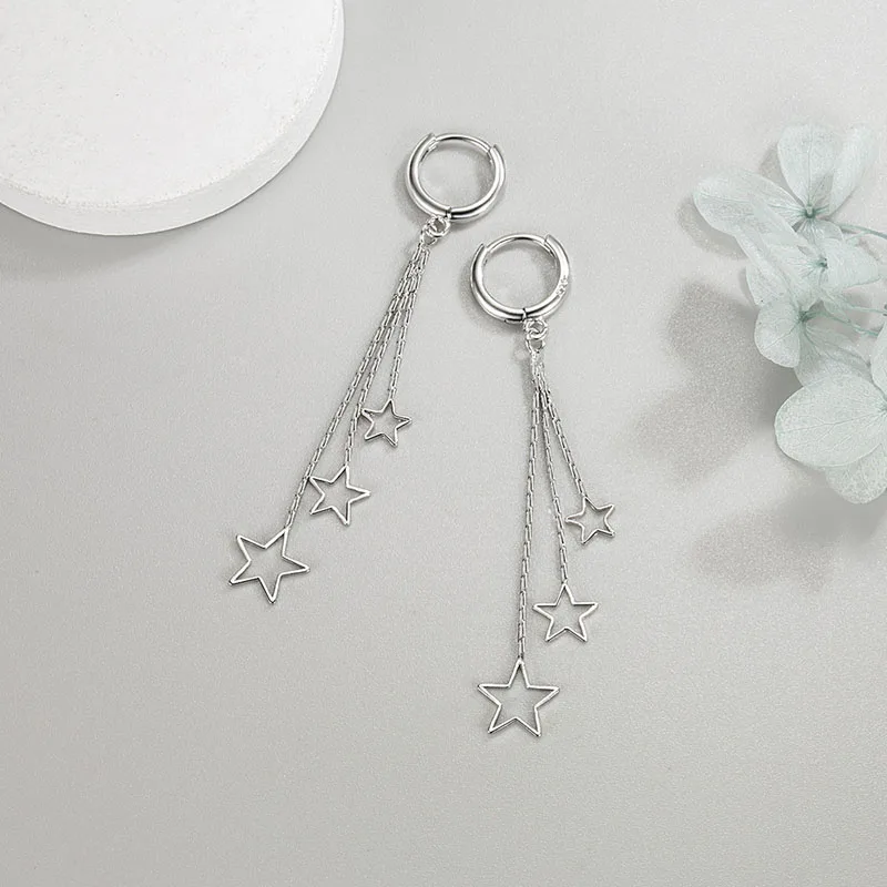 KOFSAC Elegant Popular Three Stars Hoop Earrings For Women 925 Sterling Silver Party Jewelry Beautiful Long Tassel Earring