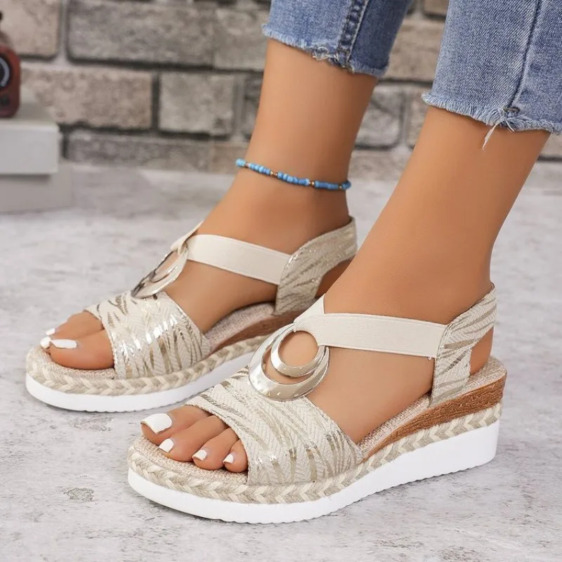 Women Sandals Snake Print Wedges Shoes for Women 2026 New Summer Metal Decoration Sandals Platform Comfortable Casual Sandals
