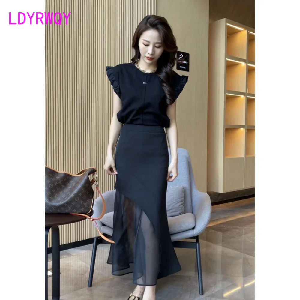 Mesh panels solid color skirt women's new summer high-end fashion slim skirt