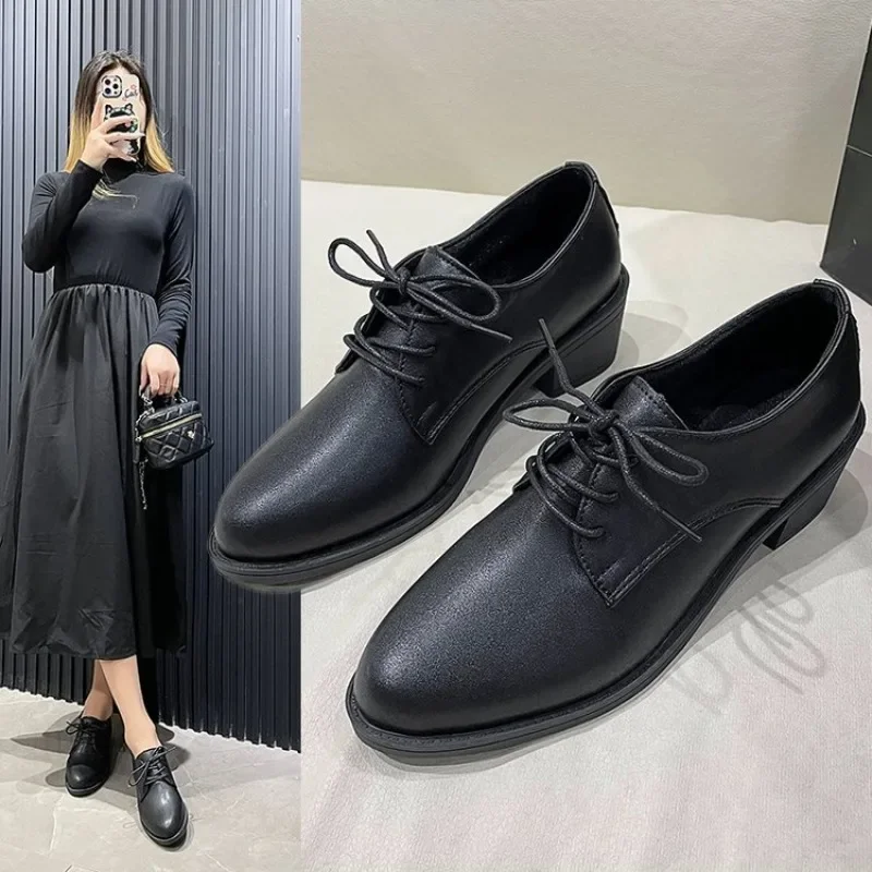 Women’s Oxford Flats  PU Leather Shoes in Full Black Ideal for Office Wear Female Derby Lace-up Zapatillas  Casual Loafers