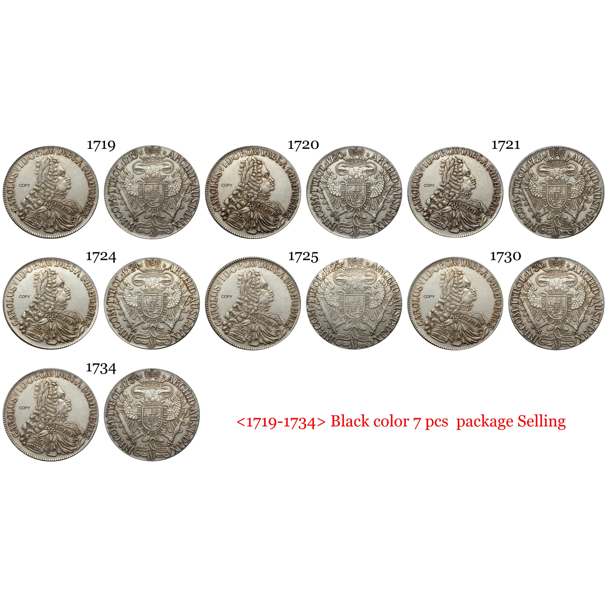 Austrian Empire 1719 -1734 7 Pcs One 1 Thaler Charles VI Hall Silver Plated Copy Commemorative Coin Ww2 Moneda Collectible Coins