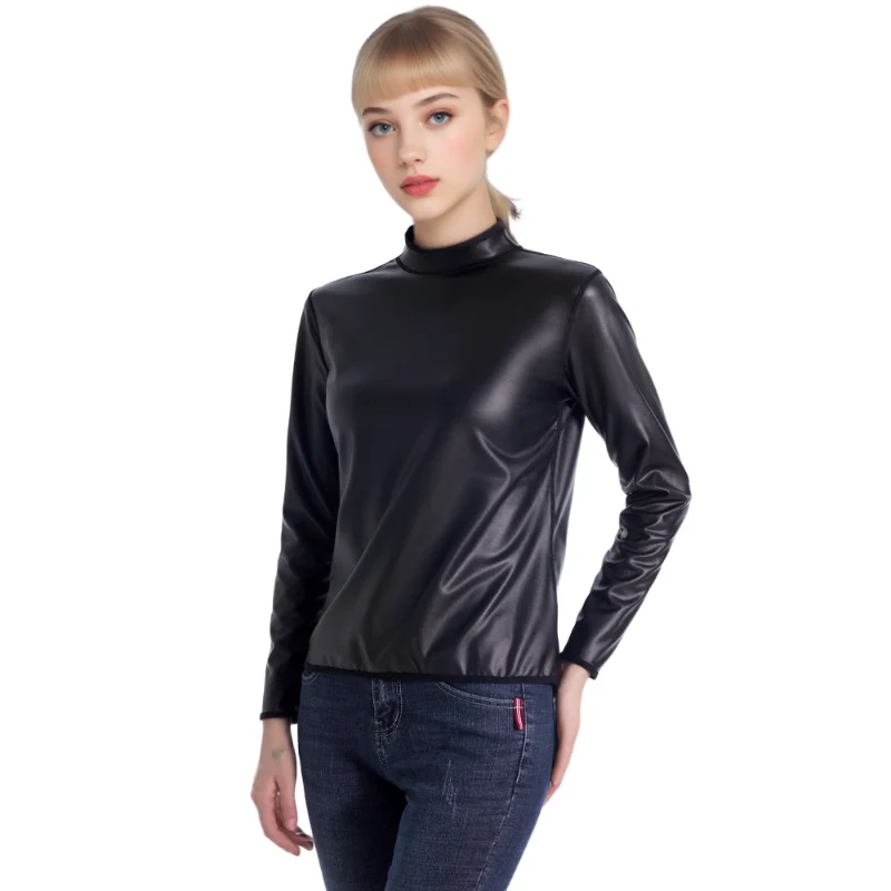 Cool femme corps Shaper cuir col montant manches longues chemise moto Biker hauts taille formateur t-shirt mode Shapewear hauts